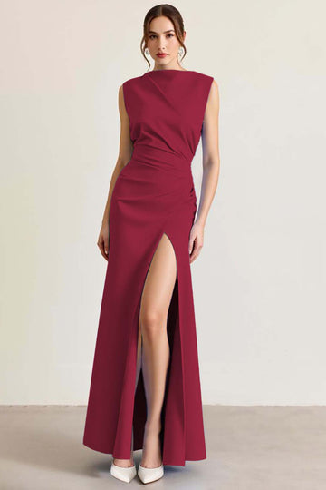 Burgundy Satin Boat Neck Long Sheath Formal Dress with Slit